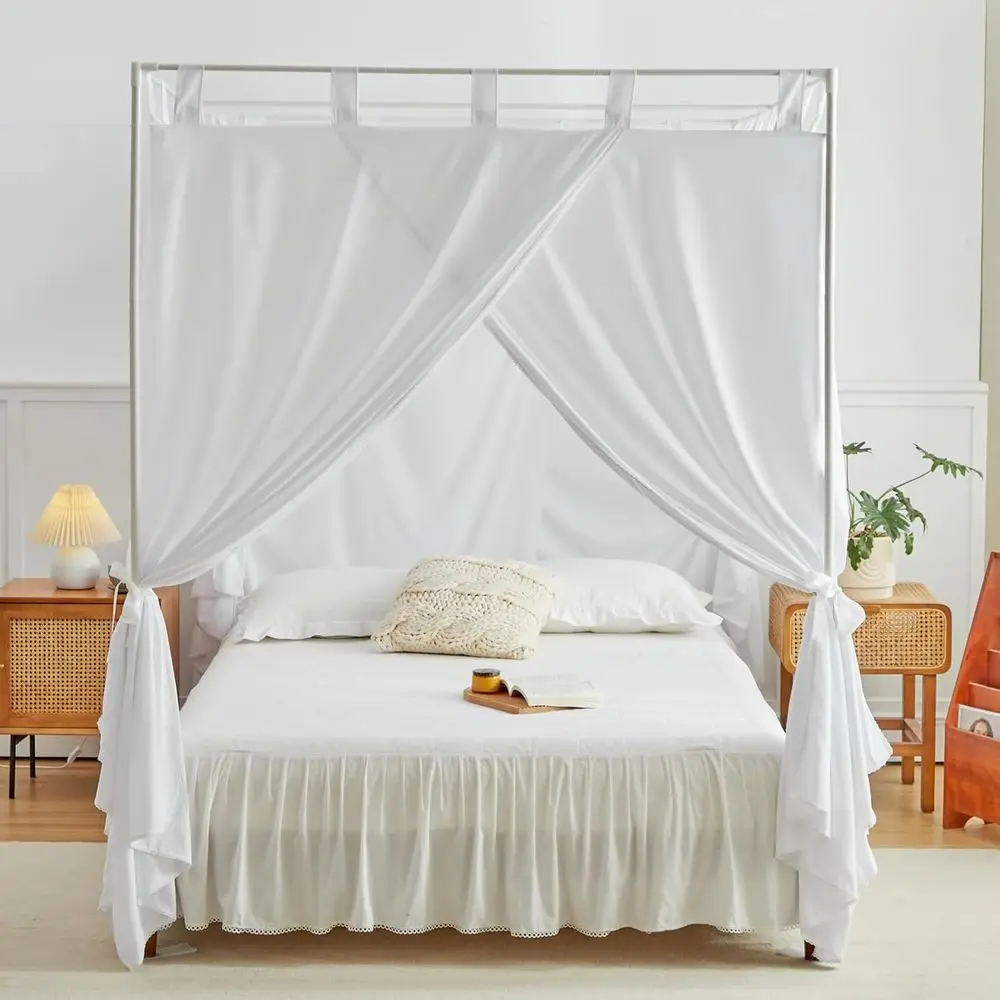 King Size Canopy Bed Curtains with Ties and Tie-backs for Windproof & Light-Blocking Bedroom Decor