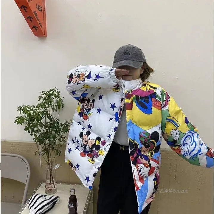 Disney Mickey Women's Trendy Winter Cotoon Coat New Korean Version Loose Cartoon Print Cotton Jacket Casual Thick Cotton Clothes