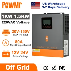 PowMr 1000W 1500W Hybrid Solar Inverter 12V 24V 220V Off Grid Pure Sine Wave Inverter Dual Output with MPPT 80A Solar Charger