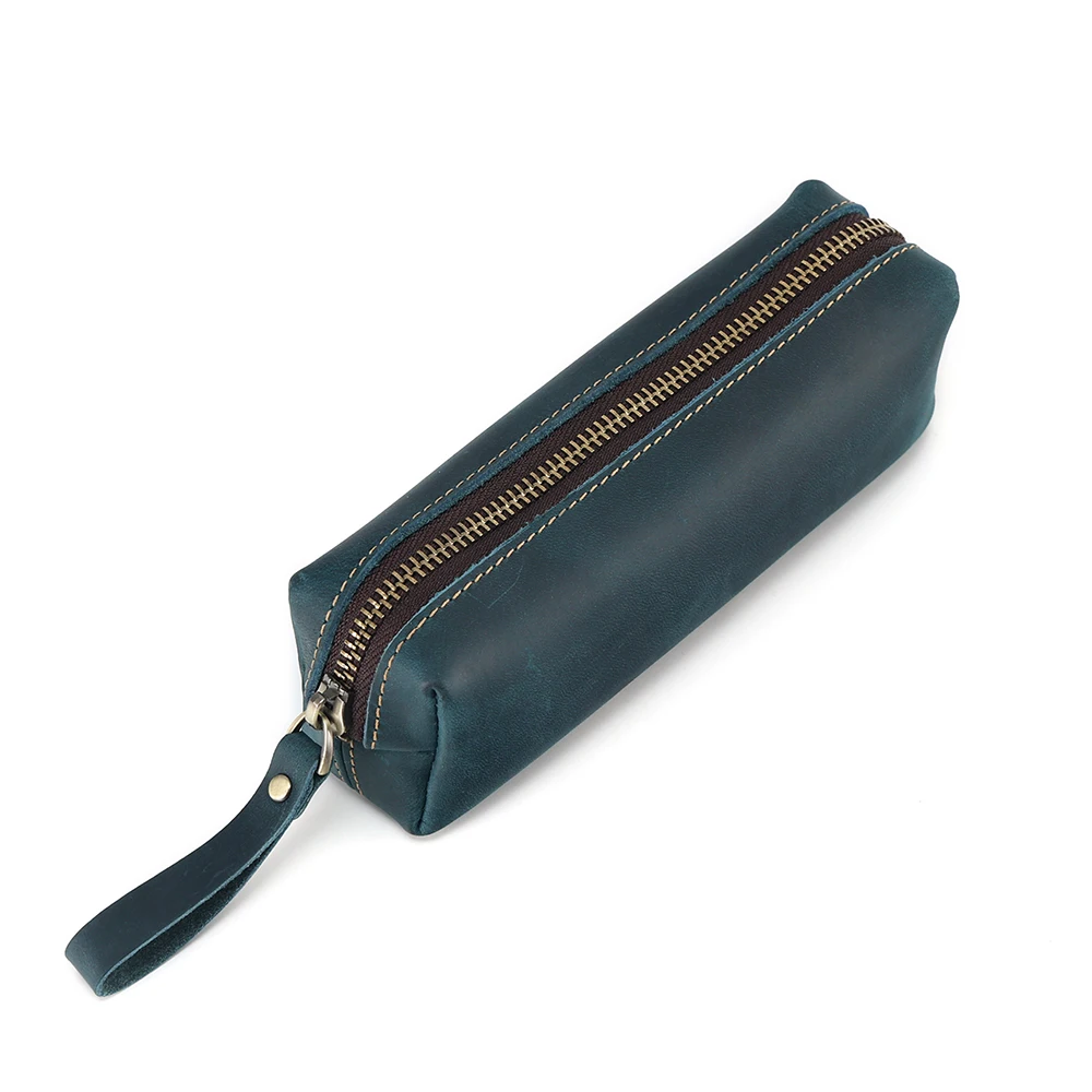 JOGUJOS Genuine Cowhide Leather Pencil Case  Business Pen Cases with Zipper Ruler Pouch for School Office Stationery Supplies