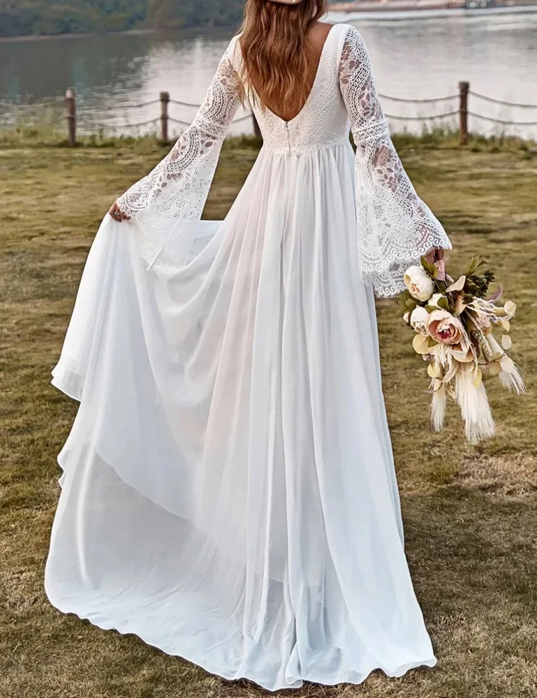 Customized  Wedding Dresses V Neck Chiffon Full Sleeves Backless with Slit A Line Floor Length Vintage