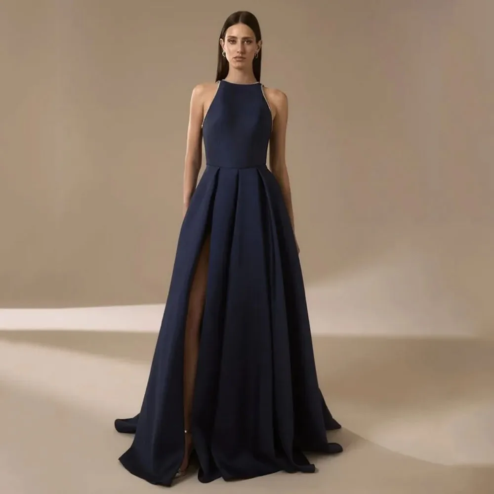 

Темно-синие атласные вечерние платья для женщин 2025 Элегантные платья для выпускного вечера с бисером и круглым вырезом с длинным разрезом по бокам Вечернее платье трапециевидной формы