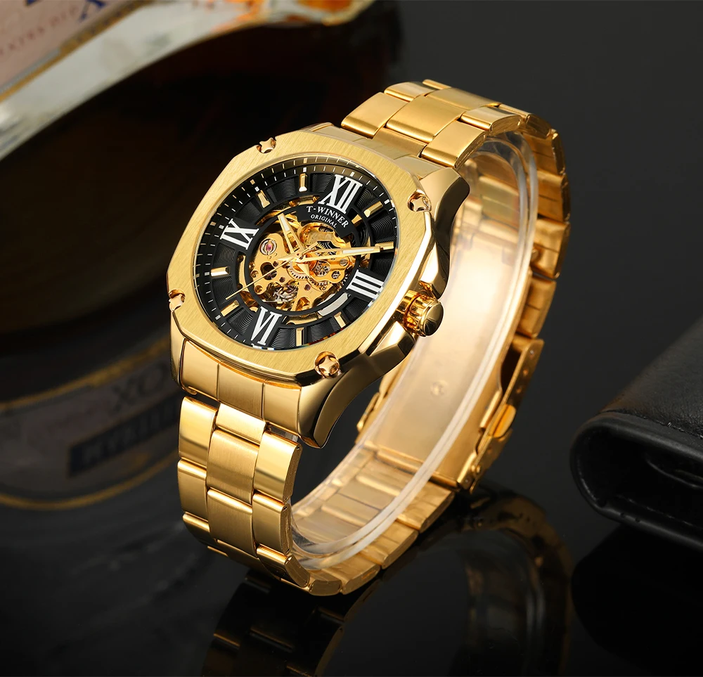 

Square Skeleton Mechanical Watches Retro Gold Automatic Self Wind Mens Watch Luminous Pointers Fashion Stainless Steel Strap