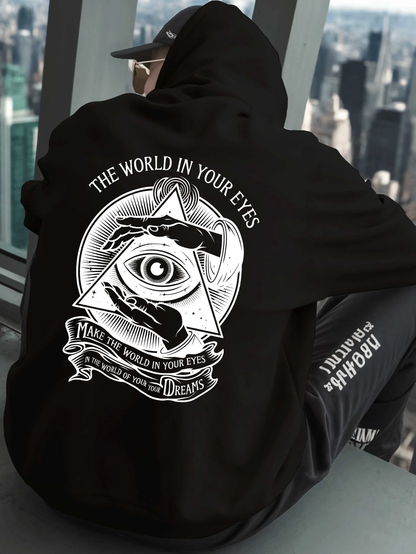 Mens American Retro Casual Hoodie Mystic Eye Triangle Letter Print Trendy Pullover Sweatshirt Daily StreetwearAutumn winterLoose