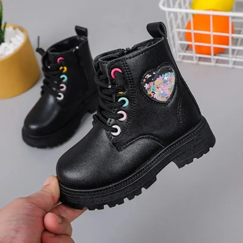 Modne buty dziewczęce Jesienne buty z miękkiej skóry na platformie Maluch Okrągłe palce Chunky Kids Shoes Casual Antypoślizgowe buty do kostki