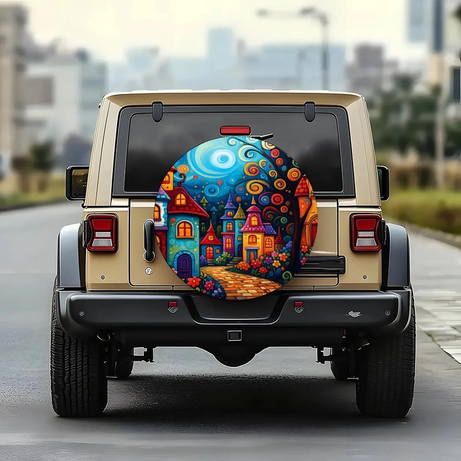 1pc Fairy Tale Village Wheel Cover - European-Style Multicolor Houses (Pink/Green/Blue/Yellow) With Van Gogh-Inspired Starry Nig