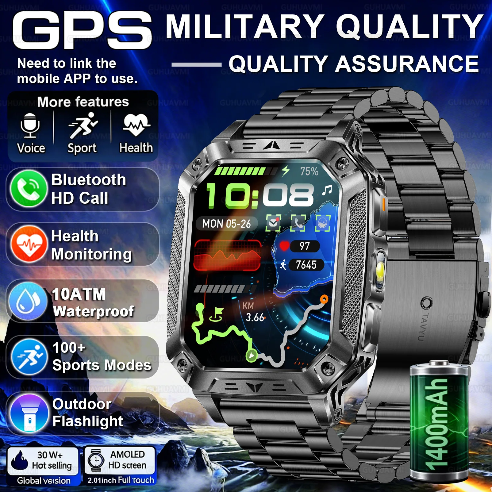 

2026New GPS Rugged Outdoor Military Men Smart sports watch 1400mAh Battery 10ATM Swimming LED Flashlight + SOS Sports Smartwatch