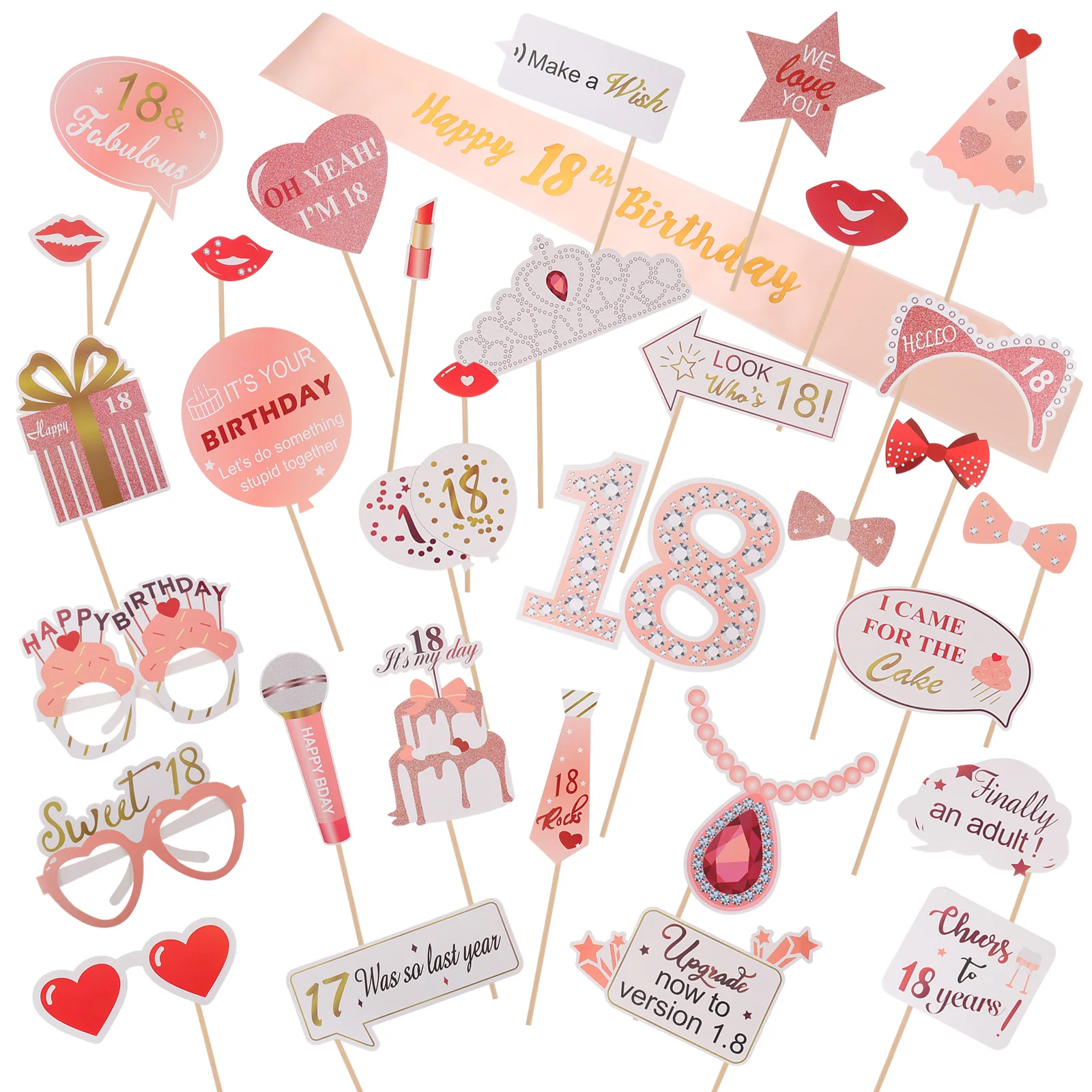 

33 pcs Photo Props Set 18th Birthday Party Supplies Pink Theme Wooden H held Selfie Accessories Sweet Stylish Gifts