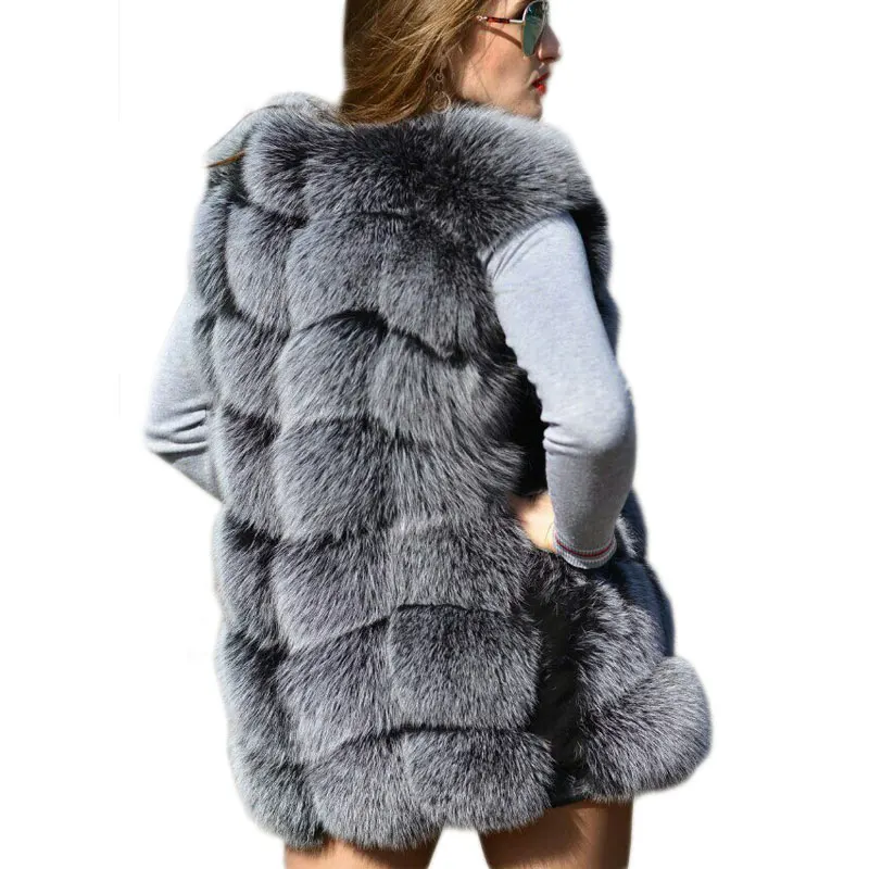 Faux Sliver Fox Fur Vest Women Winter Fashion Medium Long Artifical Fox Fur Vests Woman Warm Fake Fox Fur Coats Female Ladies