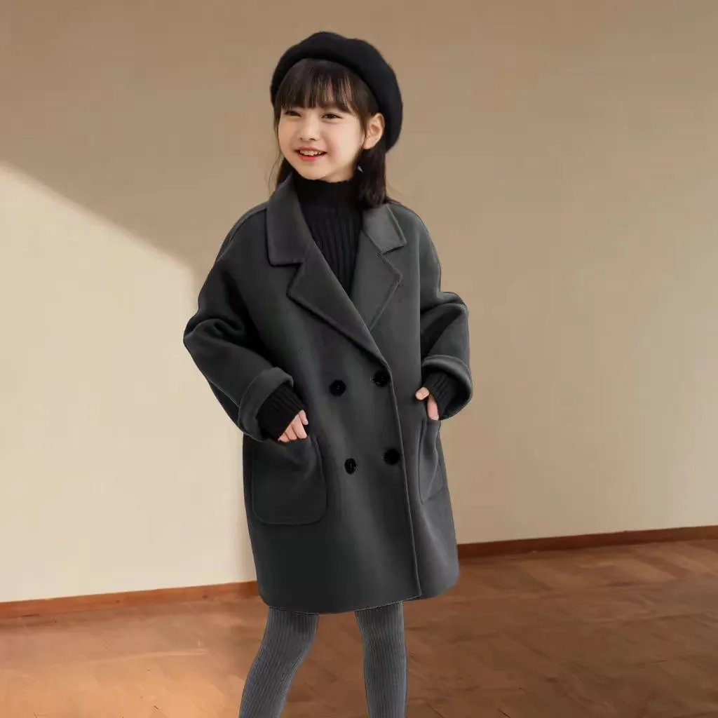 

Girls Double sided Cashmere Coat Spring and Autumn Winter New Style Children's Suit Collar Thickened Woolen Coat