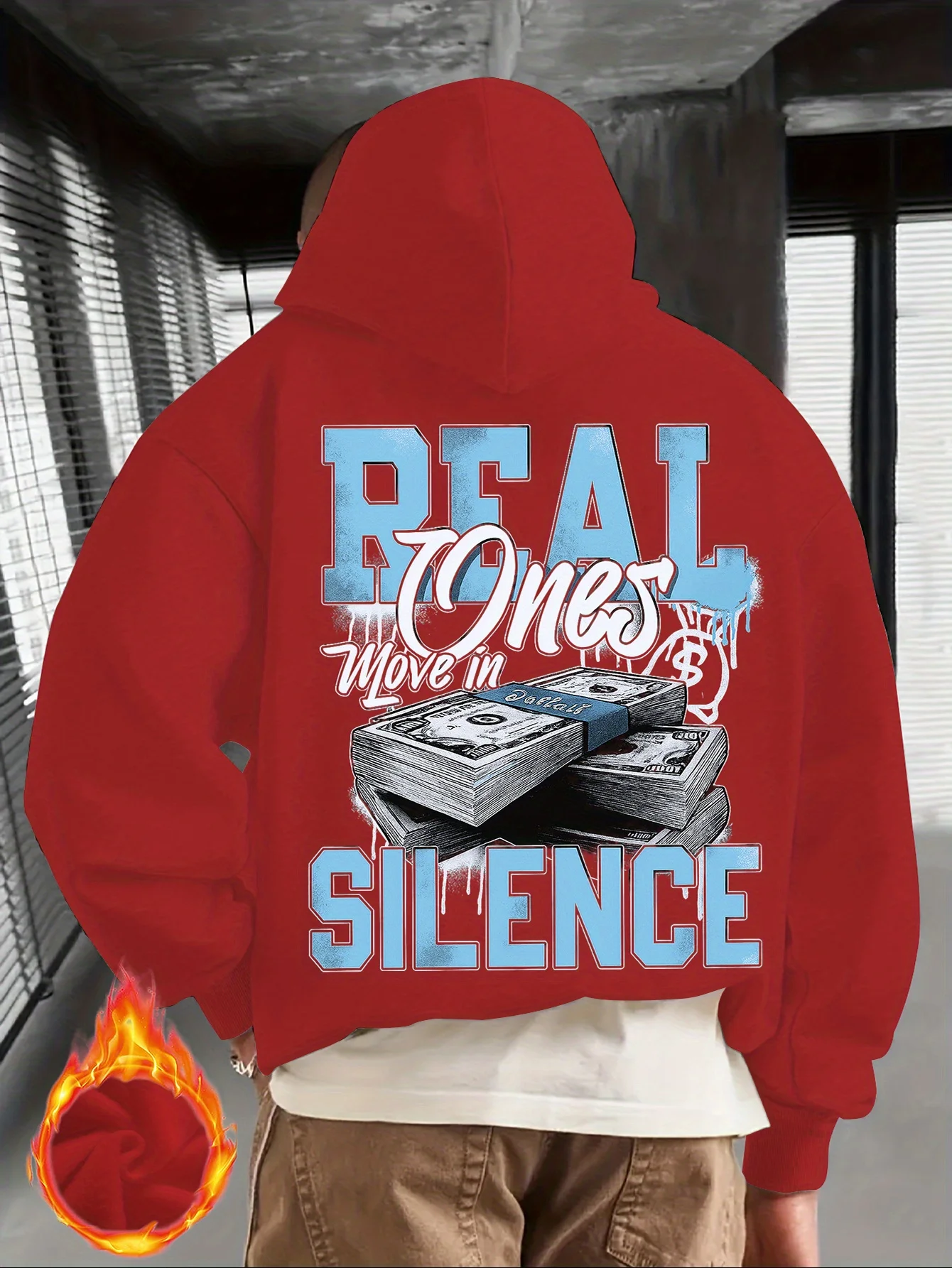 Street Retro Dollar Stacked Quote Printed Men's Hoodie - Hip-Hop Sports Motivational Theme Printed Loose Hooded Sweatshirt
