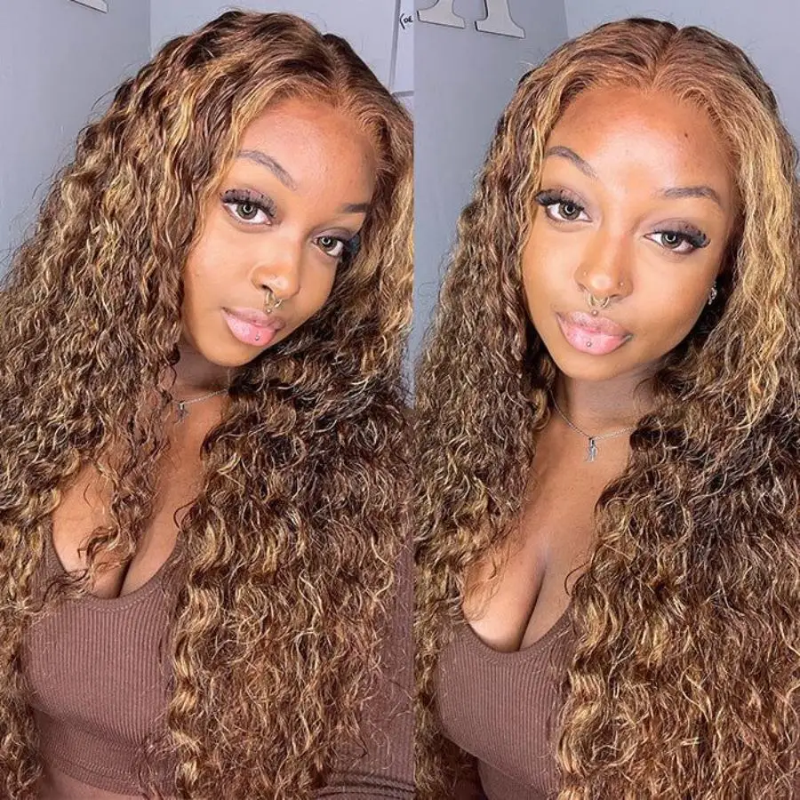 

P4/27 Honey Blonde Curly Wig 13x6 HD Lace Front Wig Highlight Deep Wave Human Hair 40 30 Inch Ombre Brown Colored Wig Preplucked