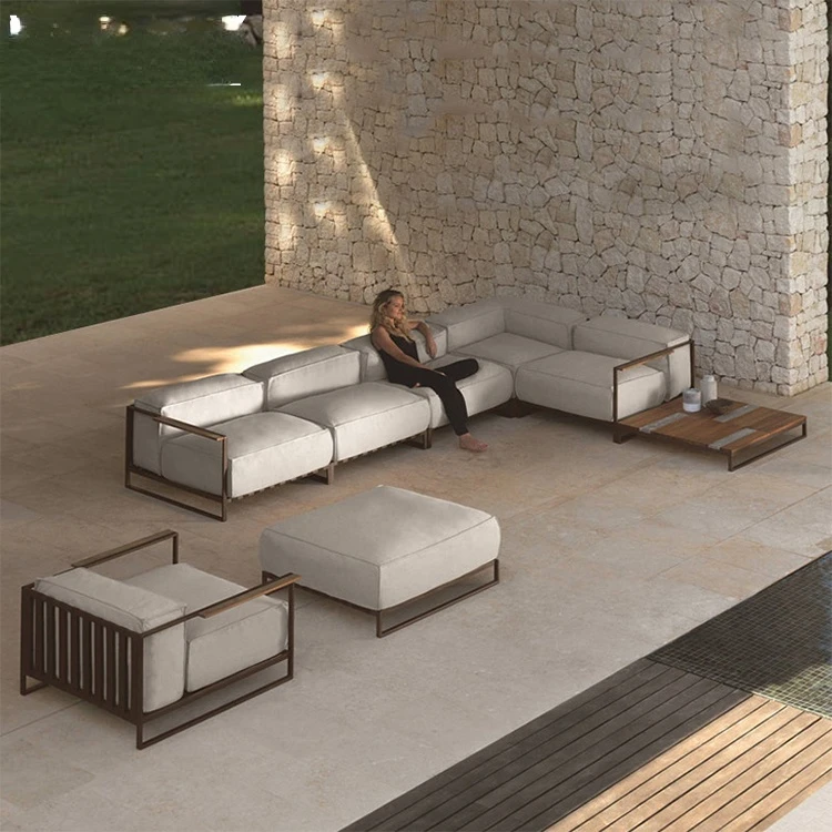 Luxury Modern Leisure Teak Outdoor Sectional Villa Sofa Chair With Aluminum Frame Outdoor Patio Garden Sofa Furniture