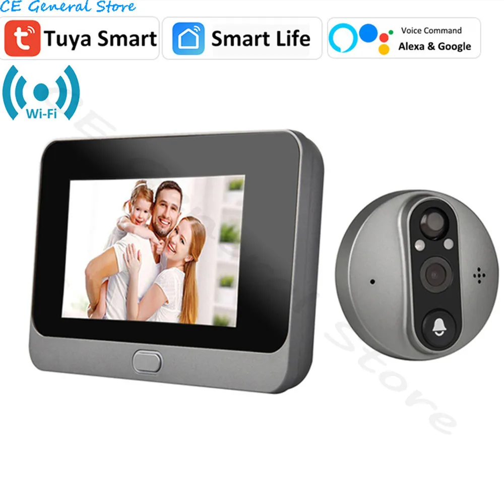 Smart Tuya 1080P WiFi Doorbell Eye Peephole Camera 5000mAh Audio 4.3' PIR FHD Infrared Alexa Google Announcement Digital Viewer