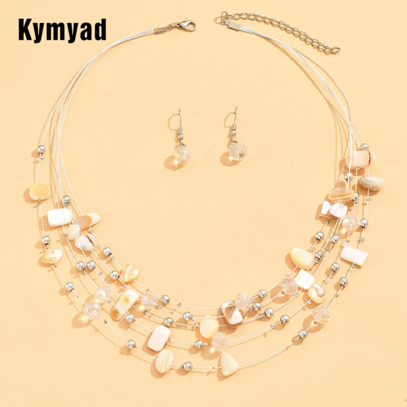 Colorful Shell Crystal Necklaces & Earrings Set For Women Multilayer Choker Necklace Women Crystal Earring Jewelry Sets