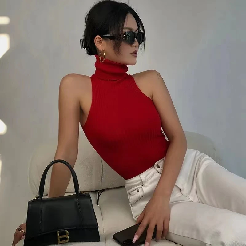 HELIAR Women Black Off Shoulder Tank Tops Turtleneck Y2K Tops Women 2023 Summer Knitted Tees Hot Skinny Round Neck Solid Cloth