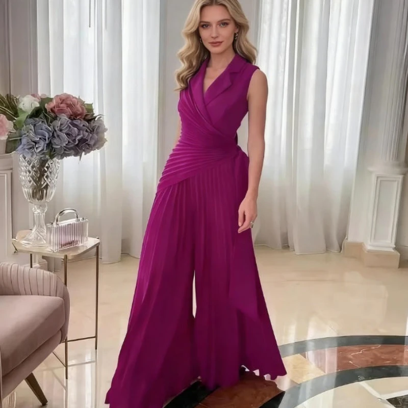 office-ladies-lapel-high-waist-romper-sexy-hollow-out-sleeveless-lace-up-pleated-jumpsuit-fashion-solid-color-wide-leg-playsuit