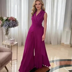 Office Ladies Lapel High Waist Romper Sexy Hollow Out Sleeveless Lace Up Pleated Jumpsuit Fashion Solid Color Wide Leg Playsuit