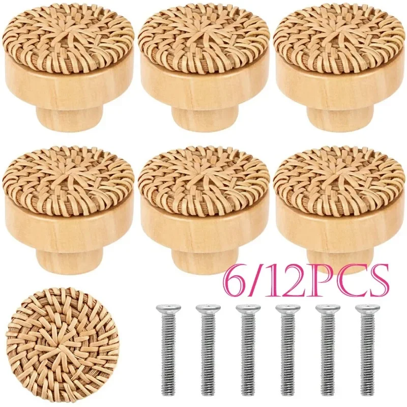 

6/12PCS Rattan Wooden Drawer Knobs Boho Rattan Dresser Knobs Round Handmade Cabinets Dresser Handles Cupboard Wardrobe Door Pull