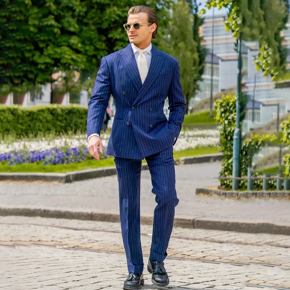 

Elegant Men's Suits Formal Pinstripe Double Breasted Peak Lapel Skinny 2 Piece Jacket Pants Customzied Business Male Clothing