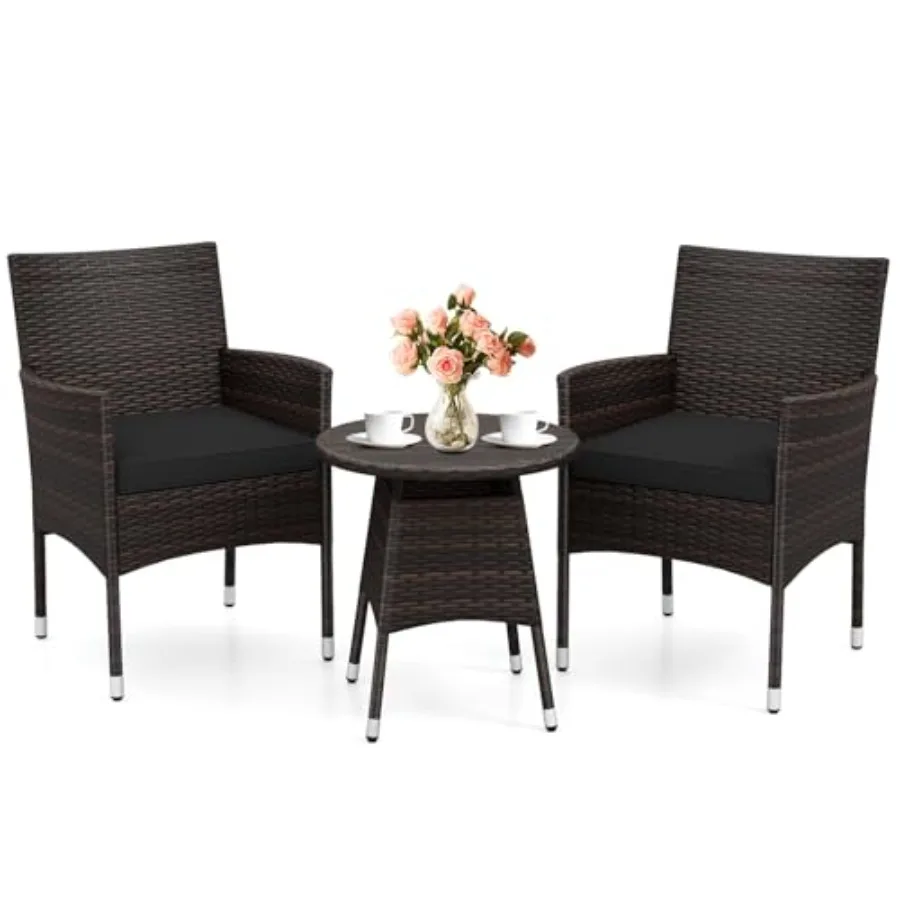 3 Piece Patio Furniture Set: PE Rattan Outdoor Bistro Chairs with Cushions Round Side Table for Porch, Backyard, Balcony Black