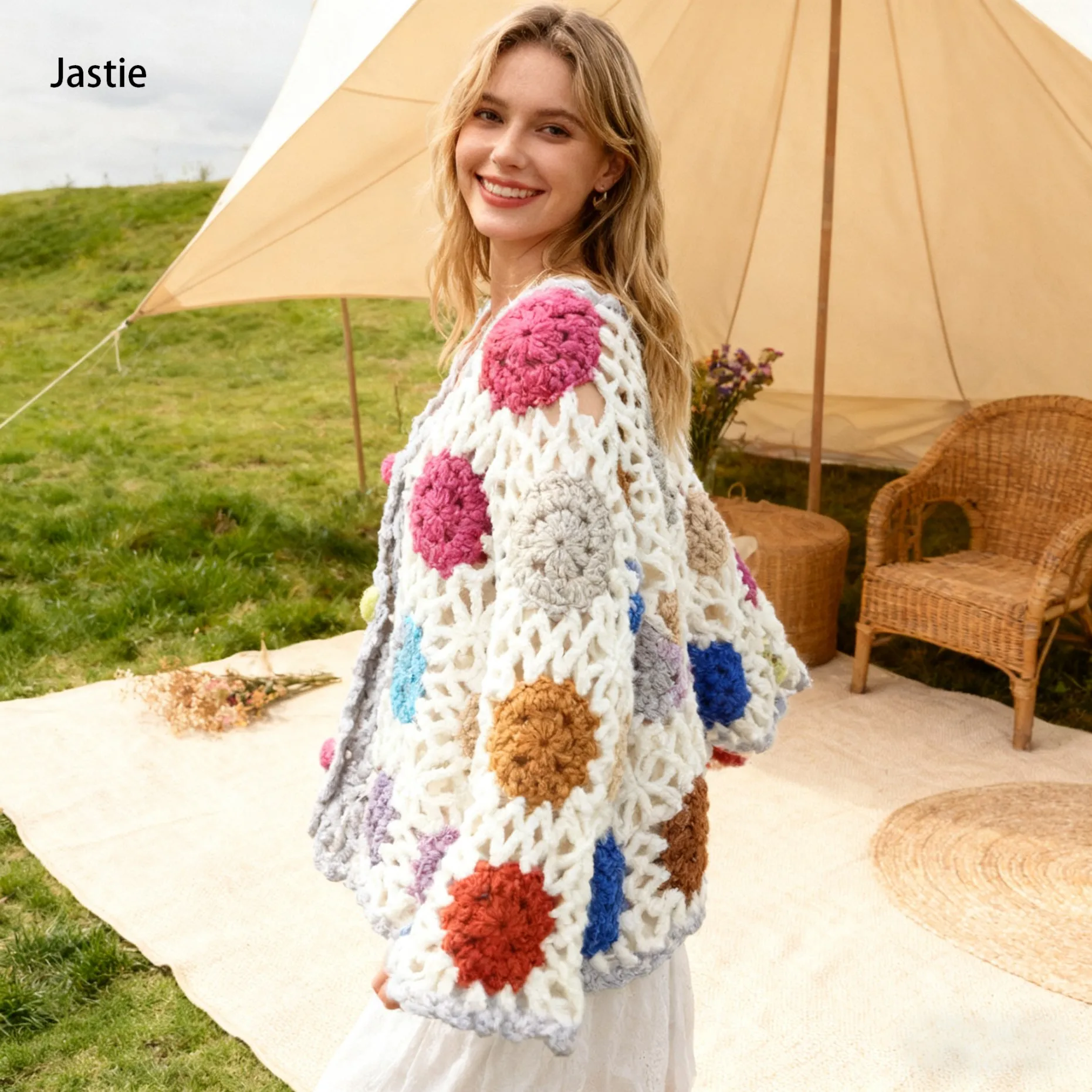 

Bohemian Hollow Handmade Colorful Crochet Knitted Sweater Cardigan Jacket 2025 Autumn Winter Retro Casual Beach Vacation Jacket