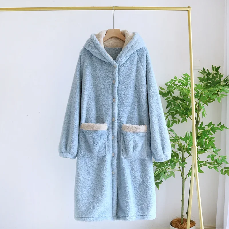 Warm Flannel Kimono Cute Hooded Bathrobe Women Loose Shower Robe Couple Sleepwear Nightgown Winter Sleepwear Gown Loungewear