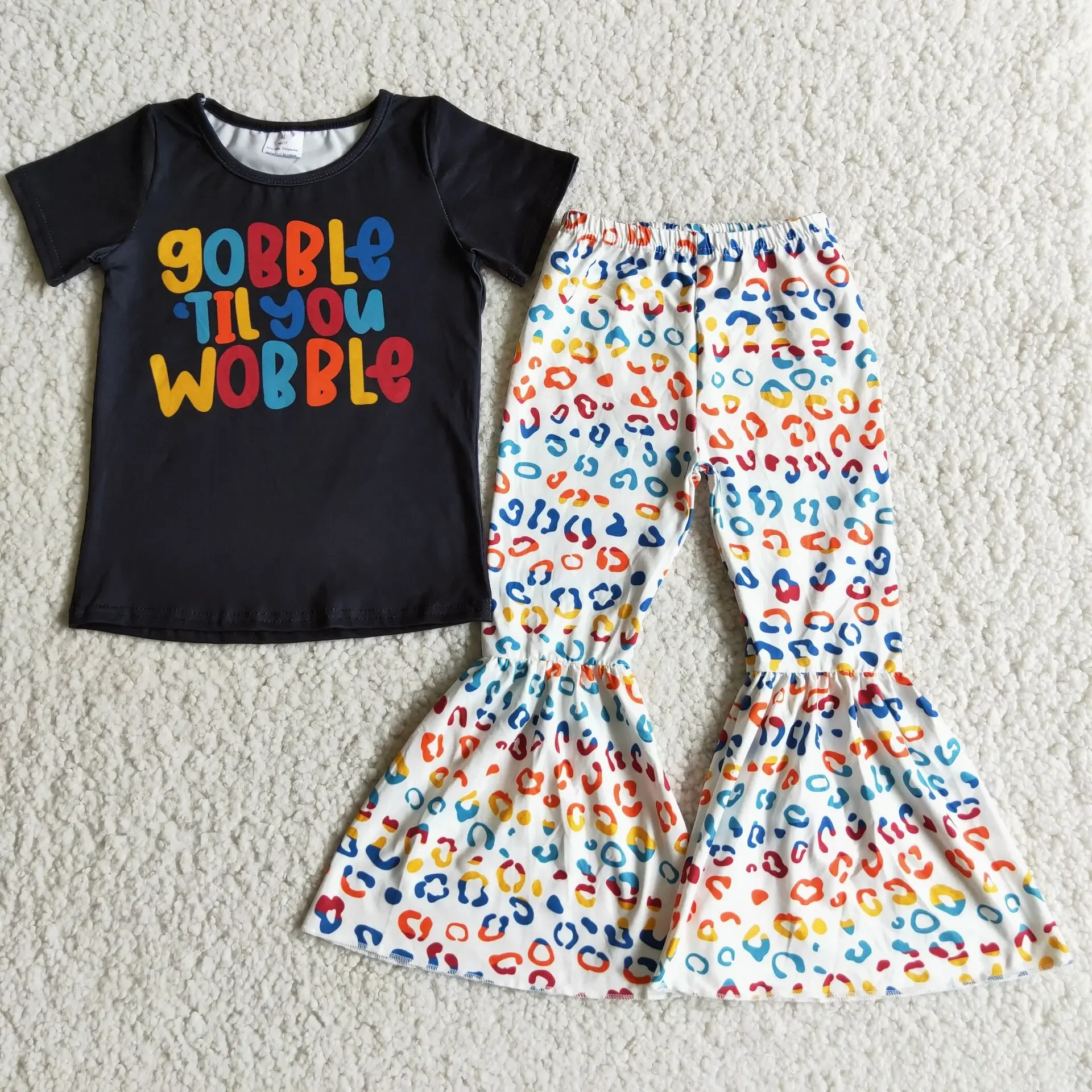 

2022 Hot Selling RTS Baby Girls Pants Gobble Til You Wobble Colorful Leopard Bell Bottoms Outfits Kids Cute Fashion For Kids