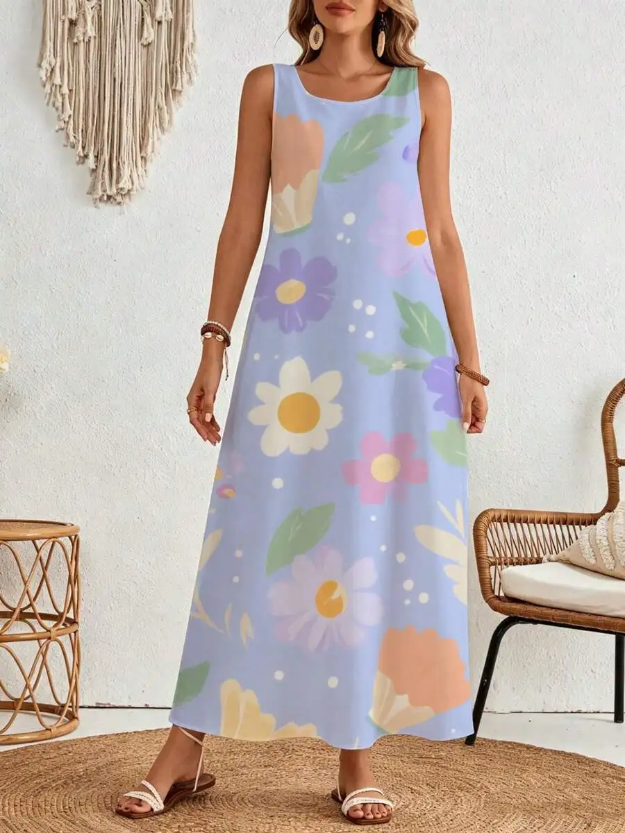 

Floral Print Sleeveless Midi Dress Light Blue Colorful Flowers Leaves Summer Beach Vacation Wear