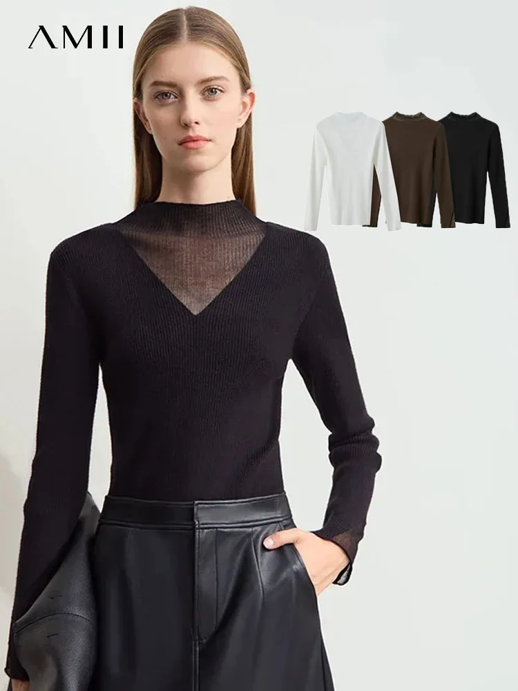 AMII Minimalist 2024 Winter Sweater Women's Turtleneck Sheer Panel Slim Sweaters Versatile Elegant Base Layer Top 12444241