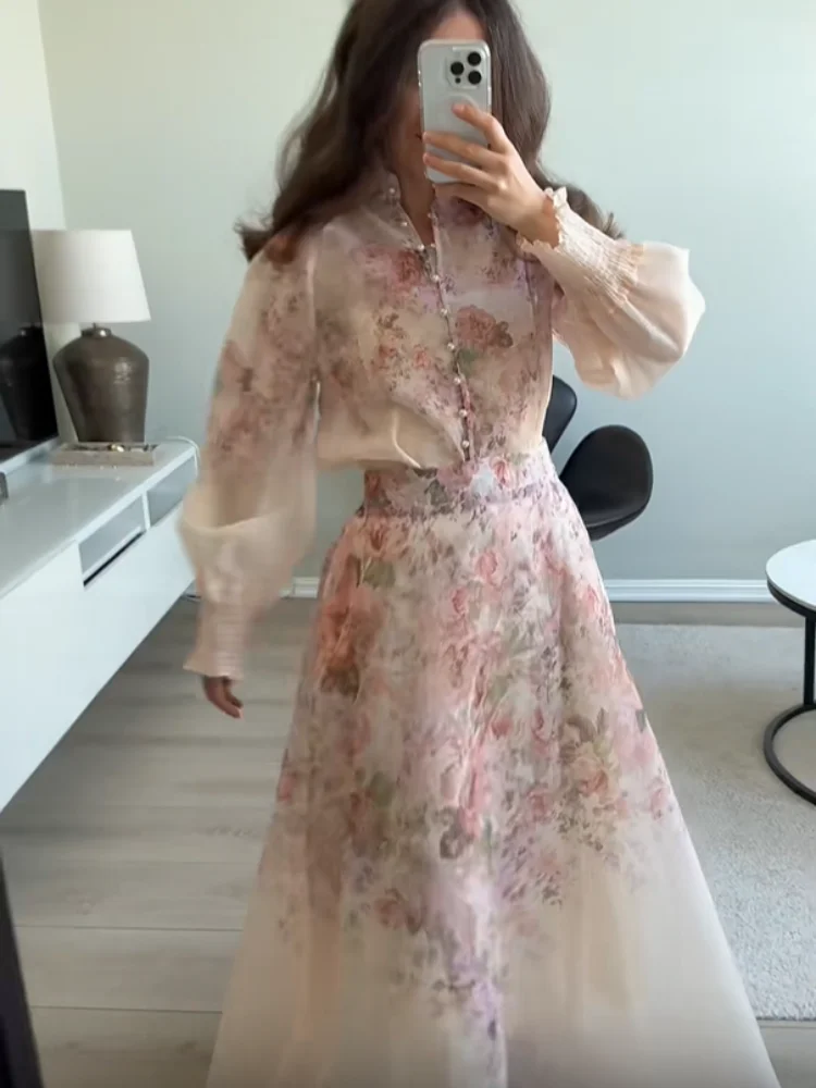 

2025 Floral Printed Single Breasted Chiffon Shirt Skirt Set Women Elegant Full Sleeves A Line Long Skirts Suit Lady Party Outfit