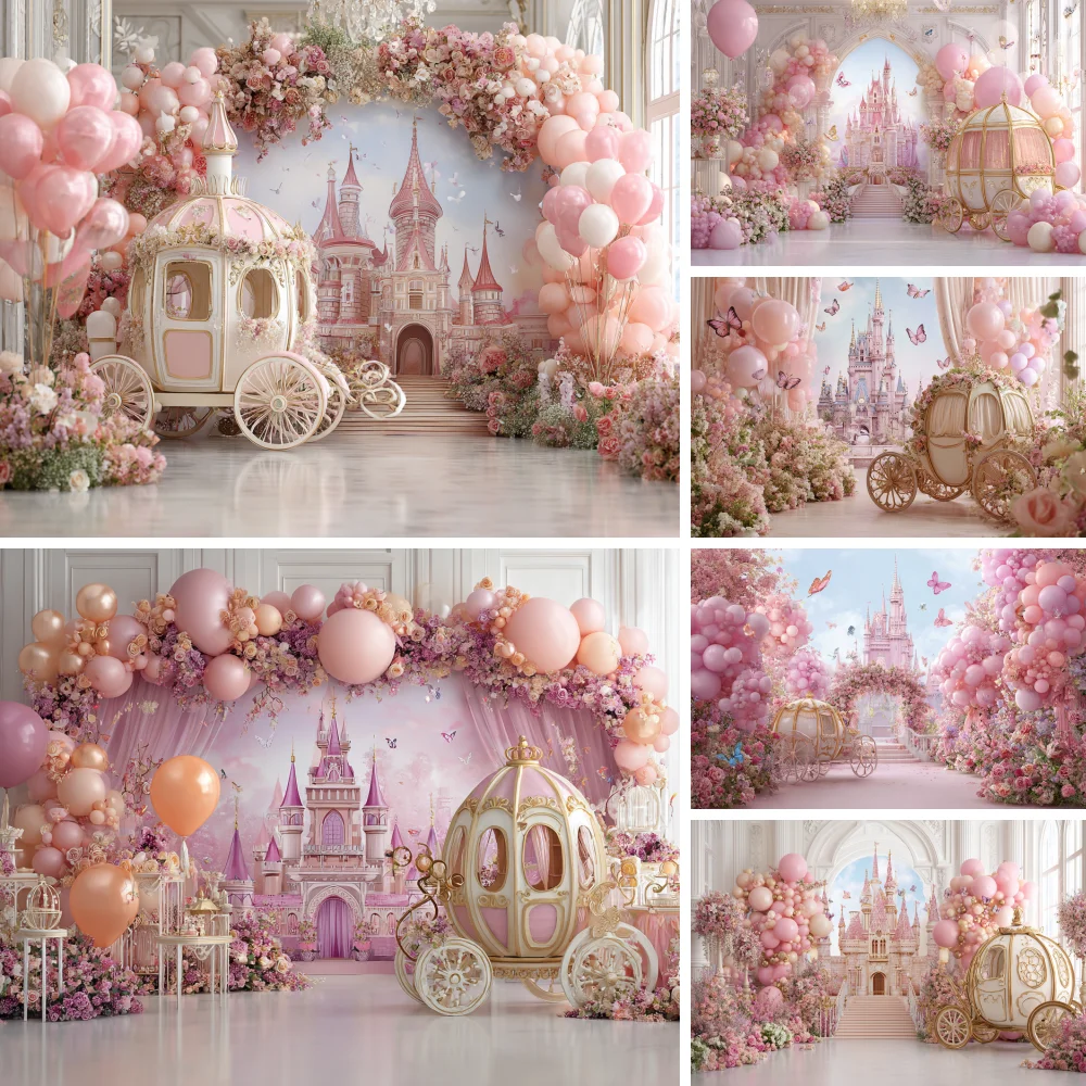 

Castle Princess Girls Birthday Pink Purple Balloons Flower Floral Photographic Backdrops Cake Smash Background Baby Shower Props