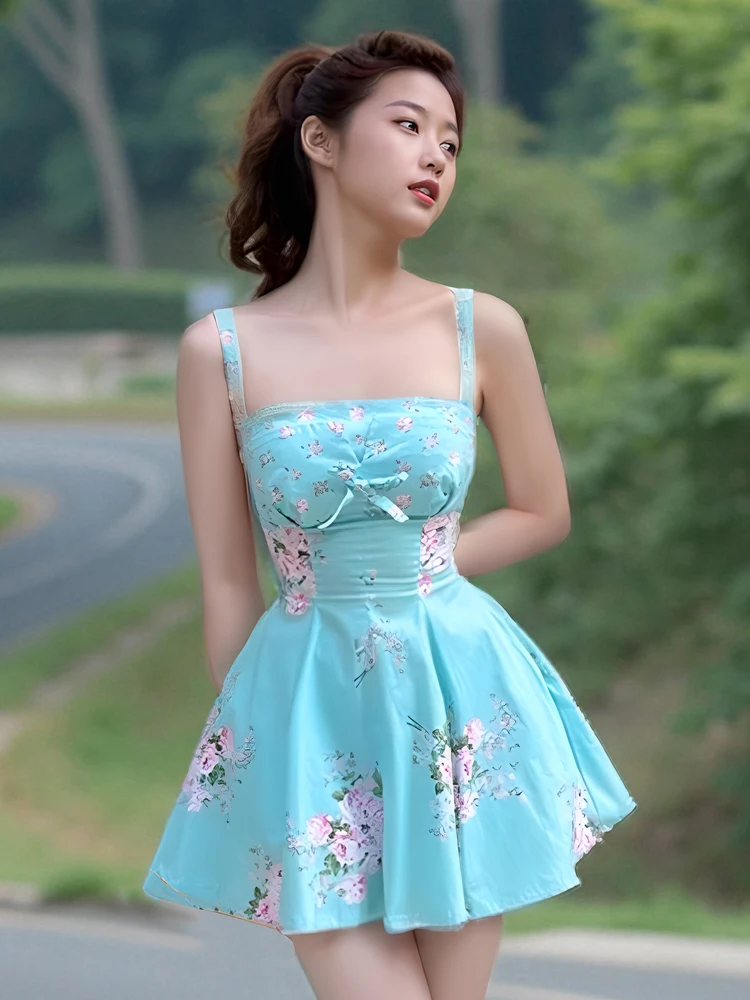 Français années 1950 Pastorale douce filles Mignon vintage vacances floral bleu sangle imprimé arc mode imprimé rencontres fête Robe dos nu