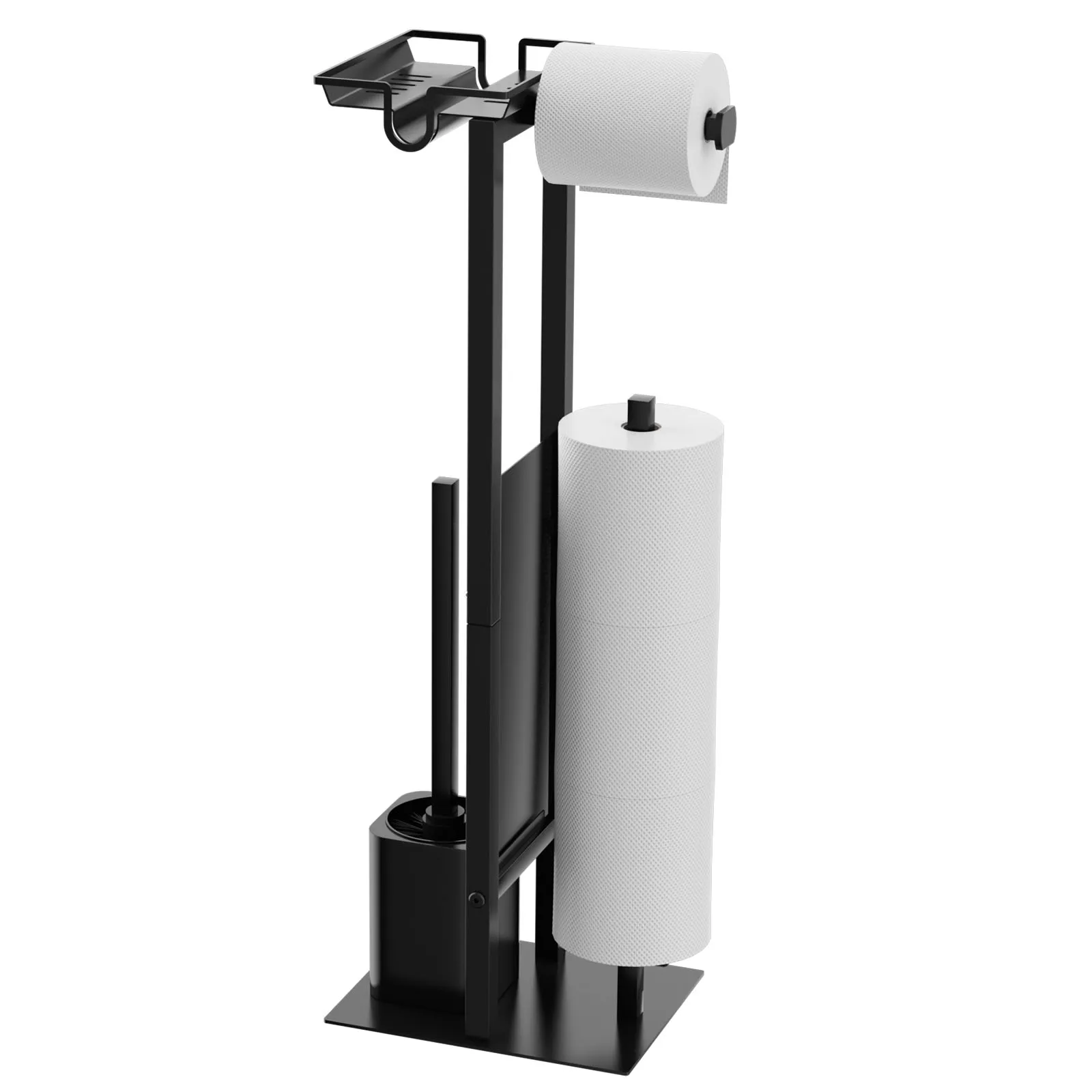Stand-Toilettenpapierhalter mit WC-Bürste und Ablage – Schwarze Badezimmer-Garnitur