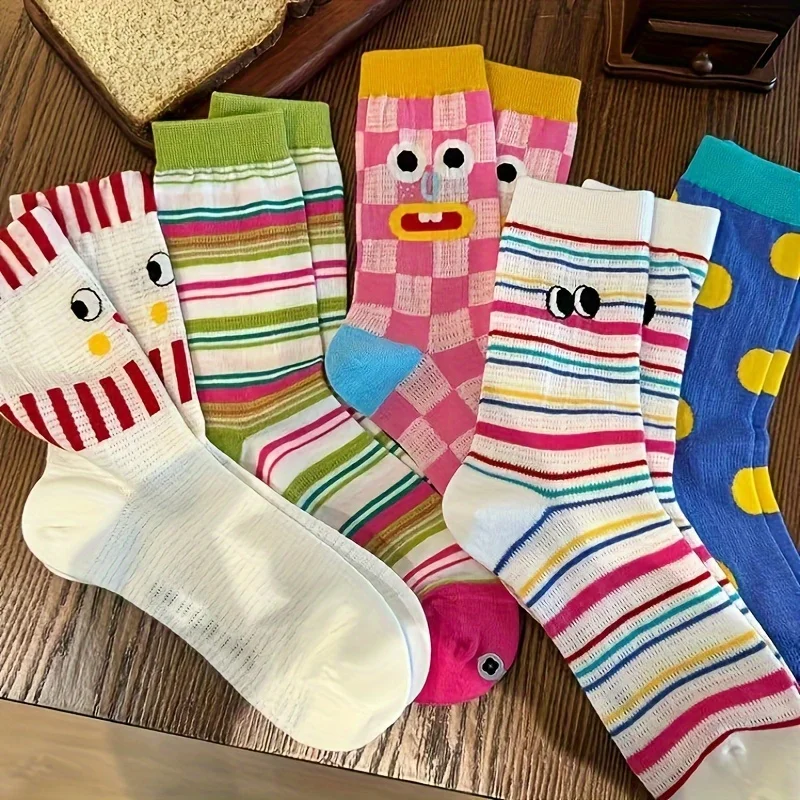 5 Pairs Of Colorful Cartoon Socks For Women, Quirky And Cute Mid-calf Socks, Comfortable And Breathable For Daily Work