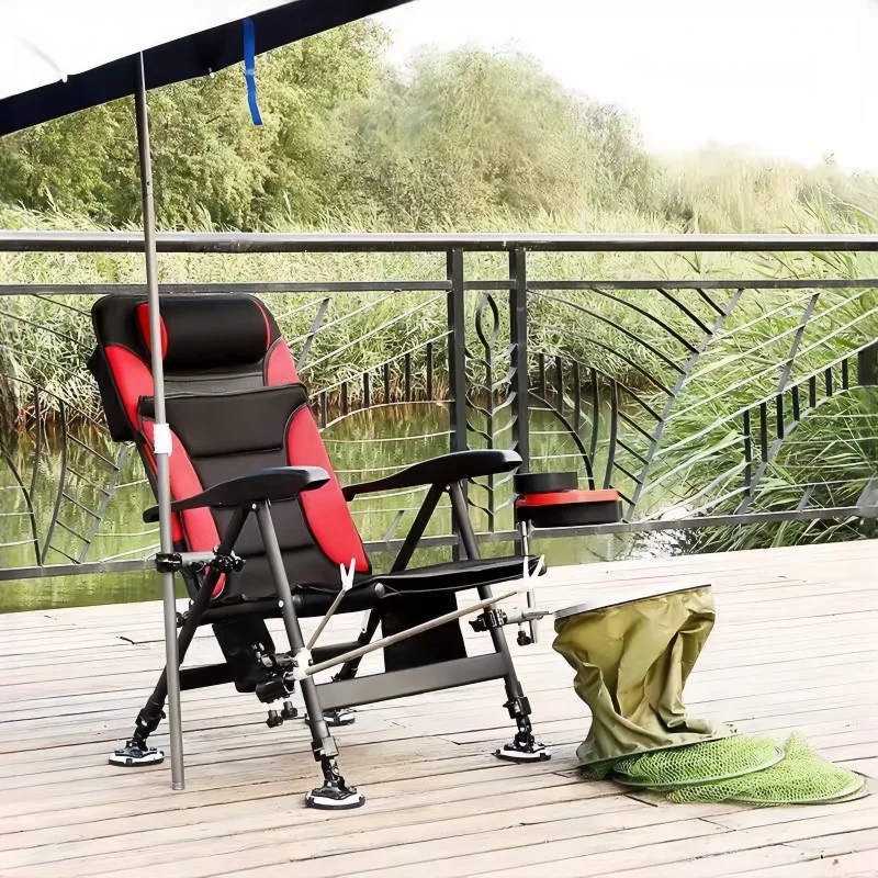 Outdoor Retractable Fishing Chair Adjustable 5-Position Folding Chair With Pillow Armrests Portable Camping Fishing Equipment