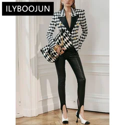 New2024 Designer Jacket Women's Double Breasted Diamonds Printed Slim Fitting Blazer Luxury Brand High Quality