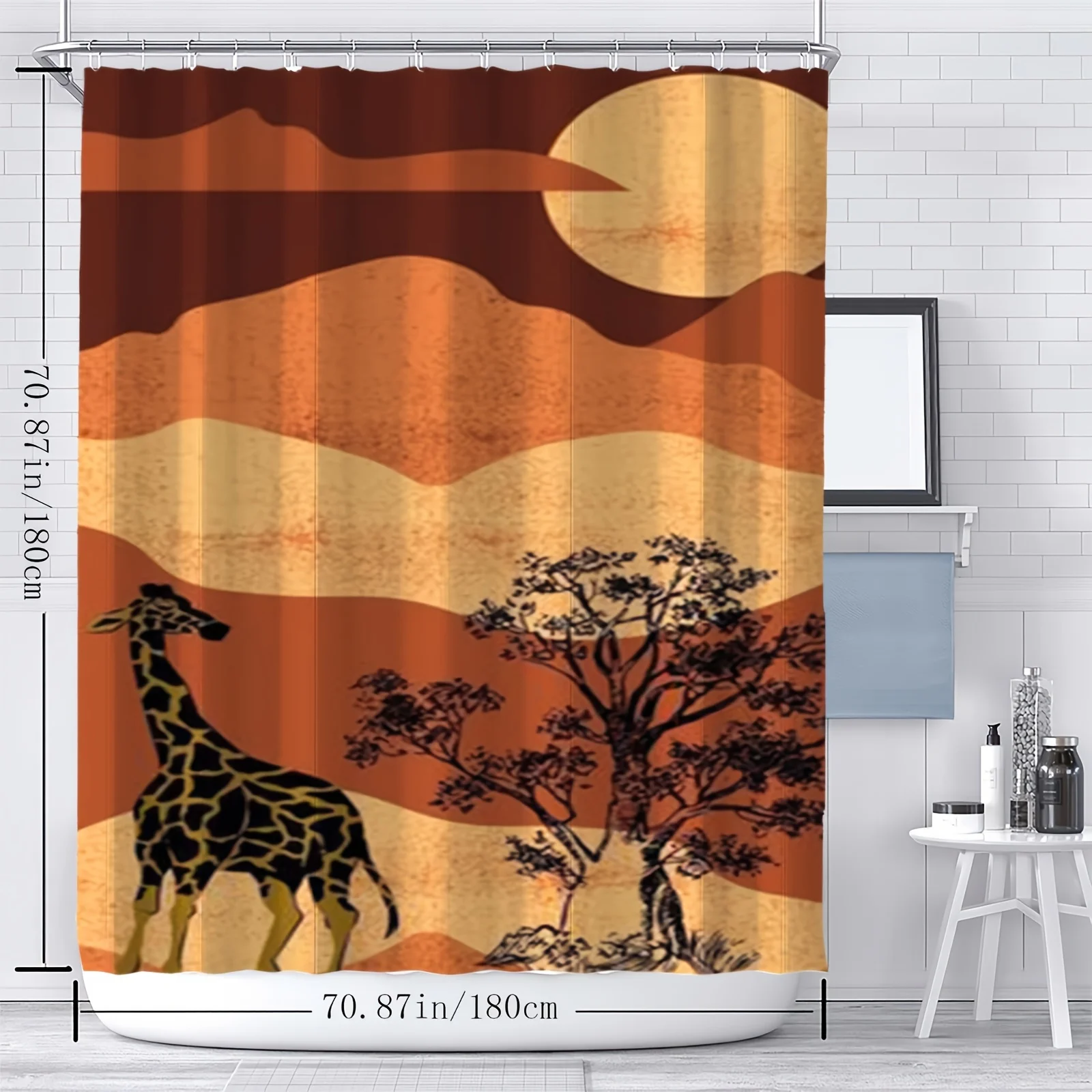 

Занавеска для душа с цифровым принтом Sunset Giraffe — двусторонний полиэстер с крючками, стильный декор для ванной комнаты