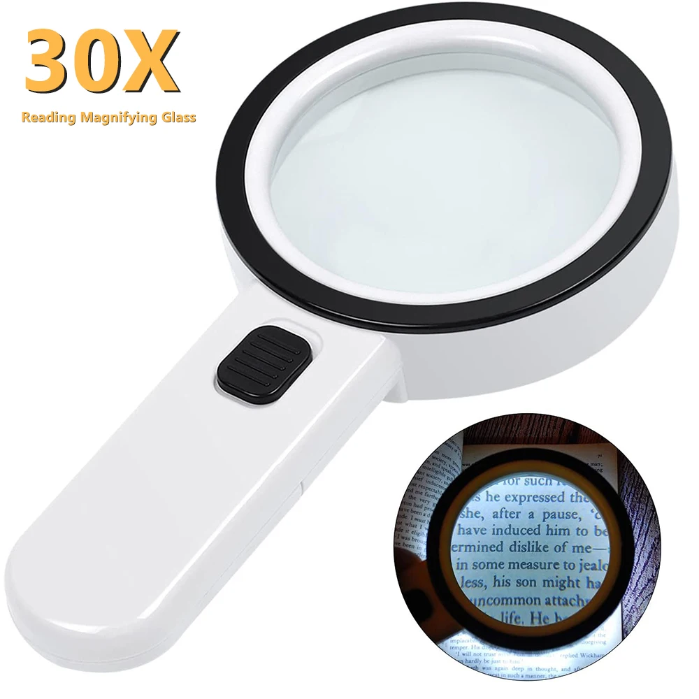 Handheld Reading Magnifier 30X Illuminated Magnifying Glass with 12 LED Lights for Seniors Coins Insect Inspection Jewelry Loupe