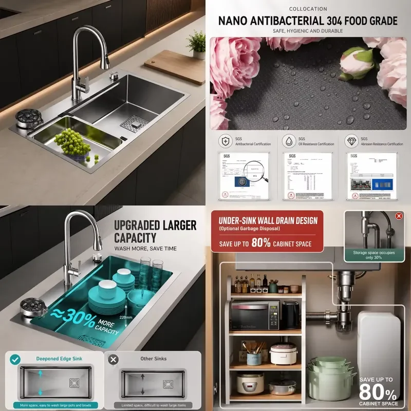 for  60x43cm Stainless Steel Kitchen 220mm Depth Single Bowl Workstation Design Topmount Undermount Installation with High