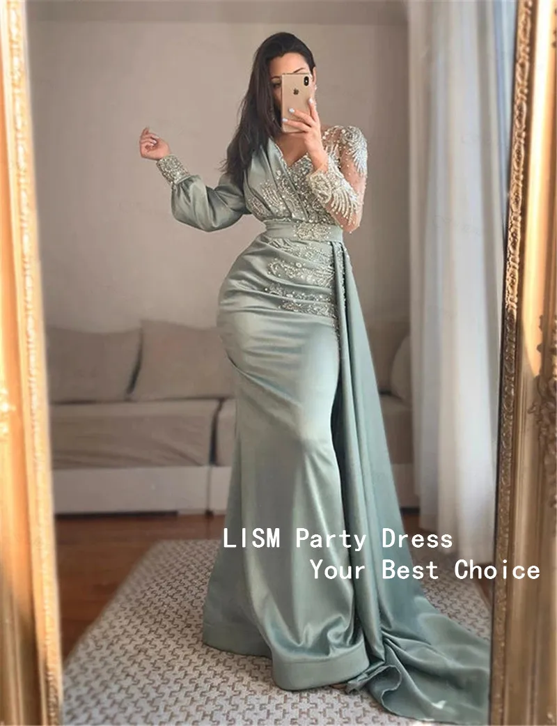 LISM Muslim Green Mermaid Evening Dress V-Neck Lace Beaded Long Sleeves Satin Prom Gowns Elegant Women's Dresses for Party 2022