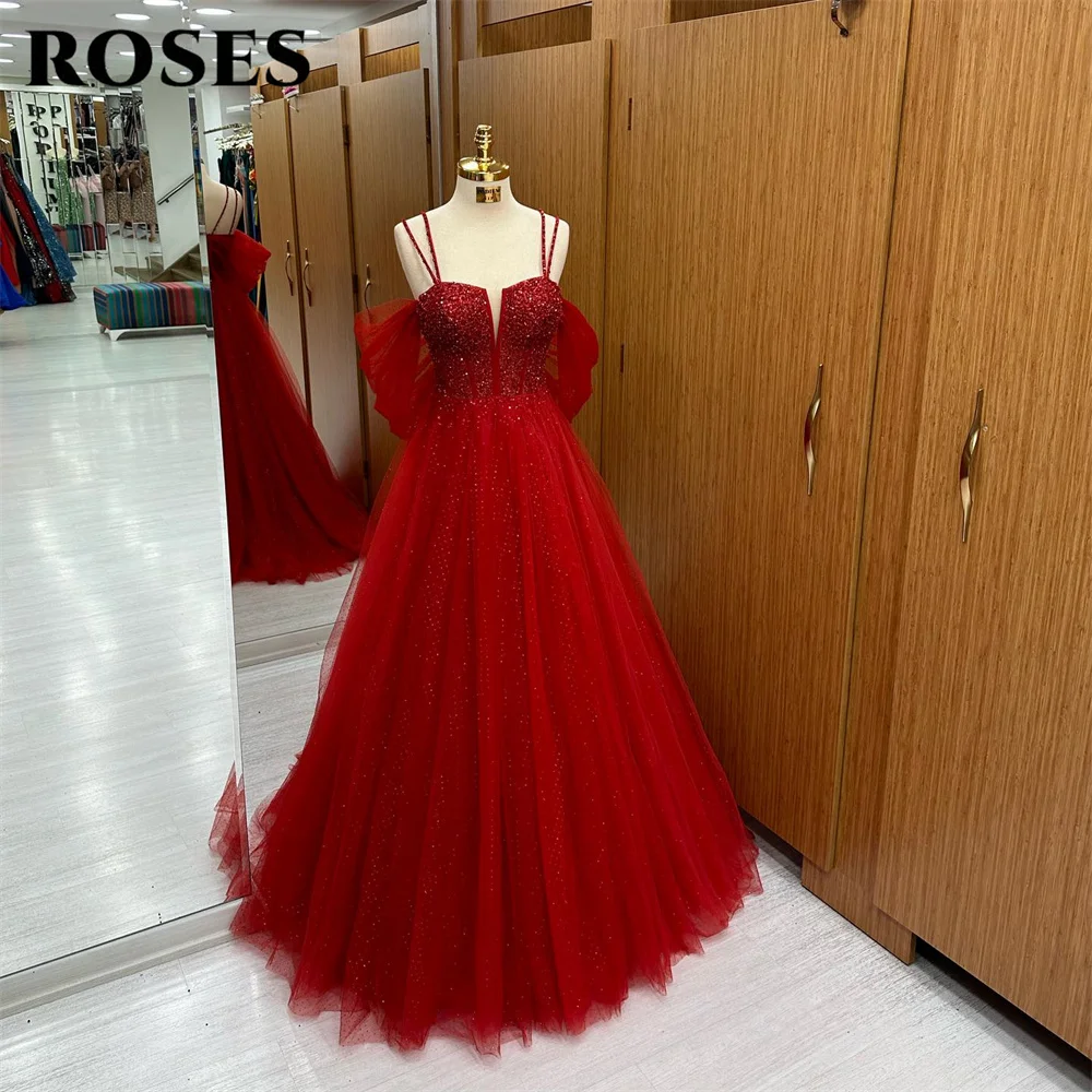 

ROSES Red Evening Dresses Gorgeous Off the Shoulder A-Line Prom Dress With Spaghetti Straps and Crystal Party Dress Tulle 프롬드레스