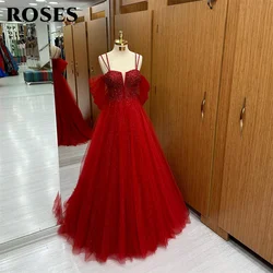 ROSES Red Evening Dresses Gorgeous Off the Shoulder A-Line Prom Dress With Spaghetti Straps and Crystal Party Dress Tulle 프롬드레스