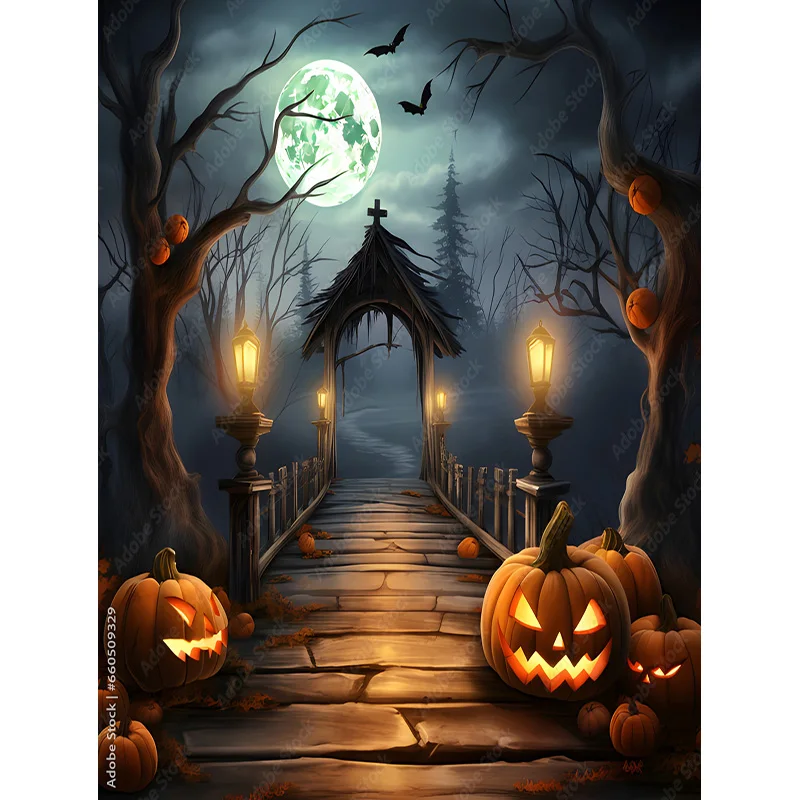 أشباح جاك أو فانوس يوم الهالوين خلفيات للتصوير الفوتوغرافي قلعة شيطان الرعب القرع القمر الأقداس عشية خلفية KB-14 #2