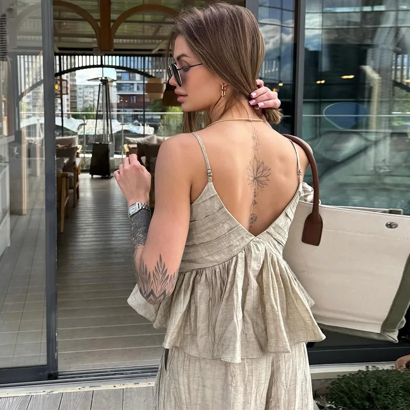 Women's clothing 2025 summer new style temperament V-neck pleated short suspender top wide leg pants set