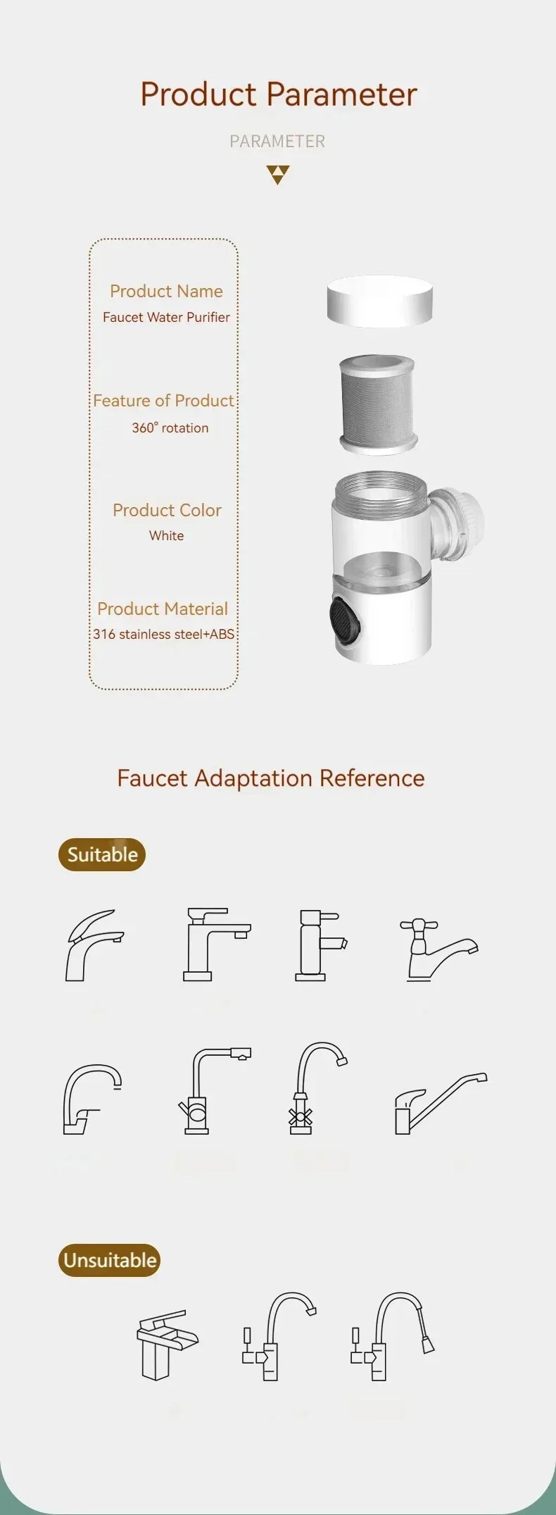 Kitchen Tap Faucet Silent Ceramic Water Purifier Dual Outlet Pre-filter Home Water Purification Appliance