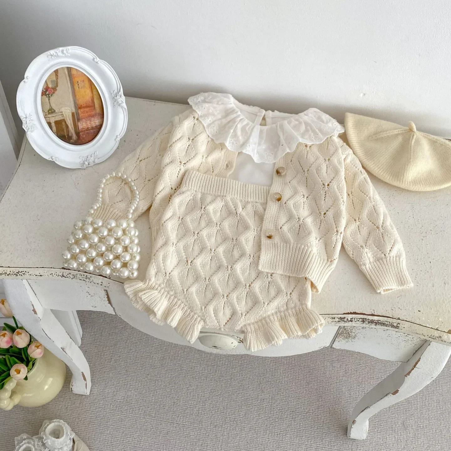 new-baby-girl-autumn-sweater-coat-hollow-knitted-air-conditioner-set-solid-cardigan-shorts-two-piece-set