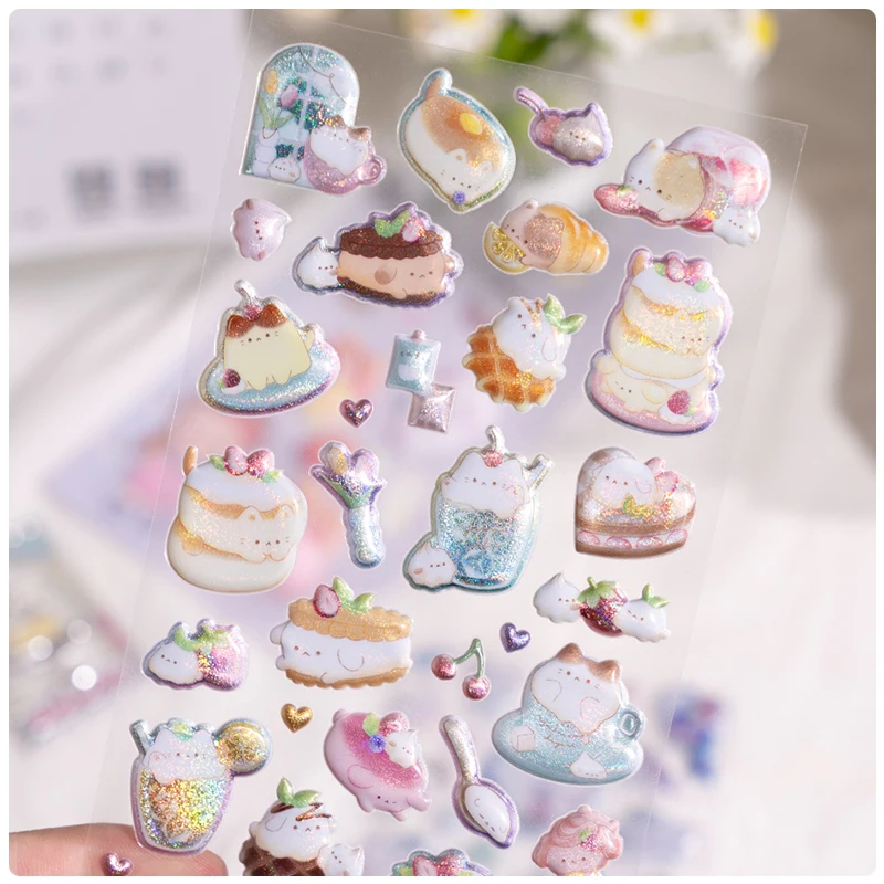 3 قطعة/6 قطعة الحلوى الحيوانات الأليفة القط القهوة الكعك فلاش منتفخ ملصقات ثلاثية الأبعاد سكرابوكينغ Diy بها بنفسك مذكرات القرطاسية ملصقات اللوازم المدرسية