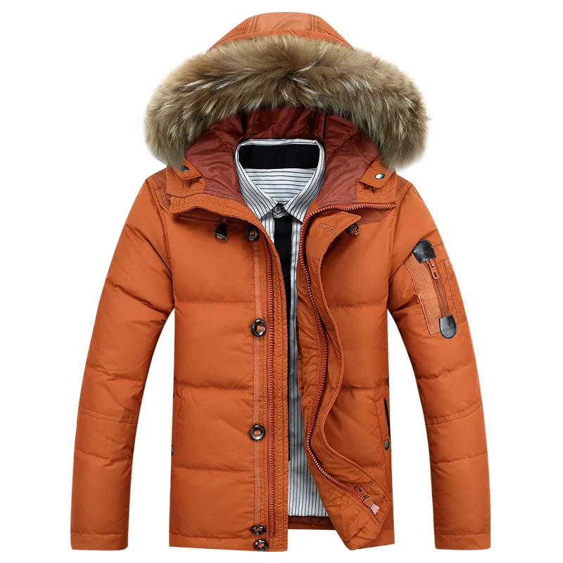 Abrigo grueso de plumón de pato para hombre, Parka de plumón de pato blanco 90% con capucha de piel, chaquetas de plumón de pato con cremallera de