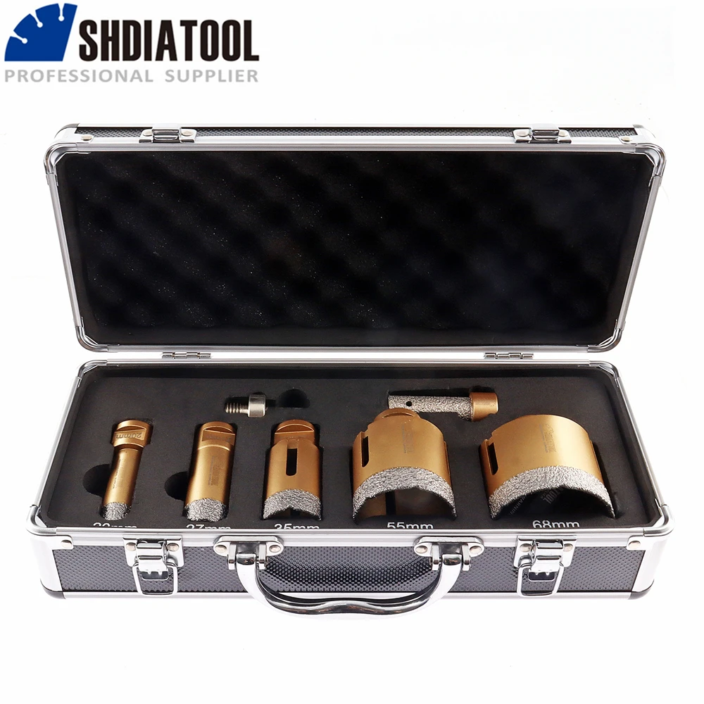 SHDIATOOL 7pcs Dia20/27/35/55/68mm Diamond Drilling Core Bits+20mm Milling Crown+Hex M14 Adapter Marble Ceramic Hole Saw Kit